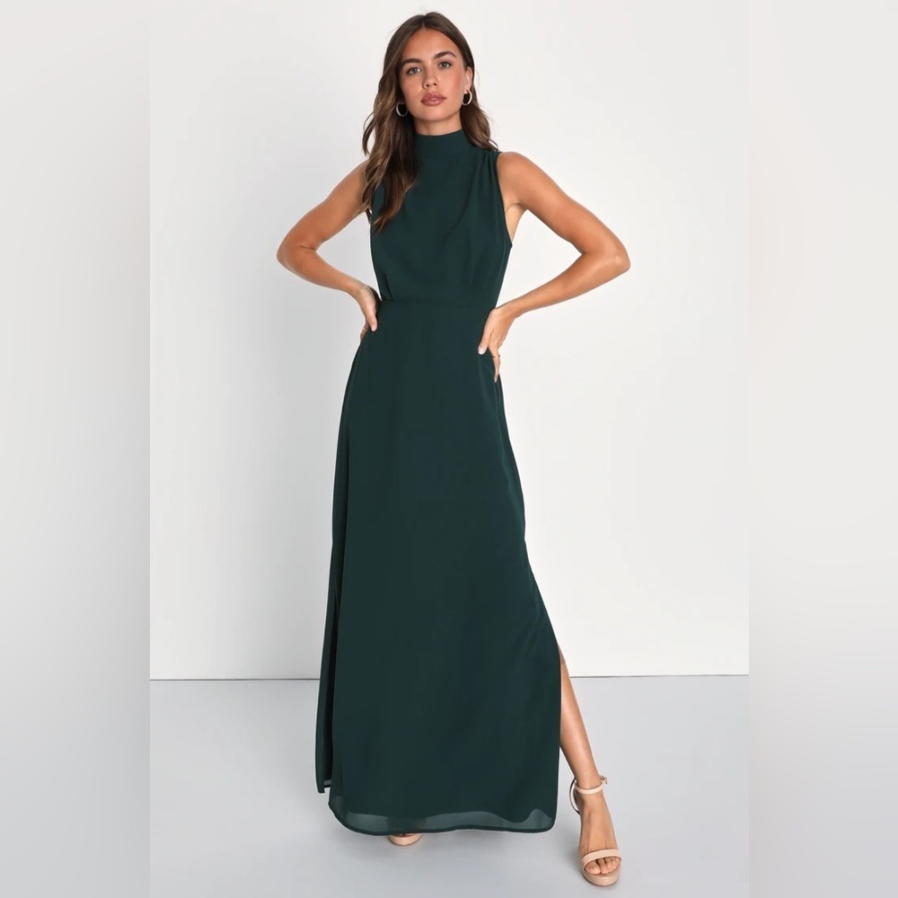 New Lulus Classic Elegance Emerald Chiffon Sleeveless Mock Neck Maxi Dress S